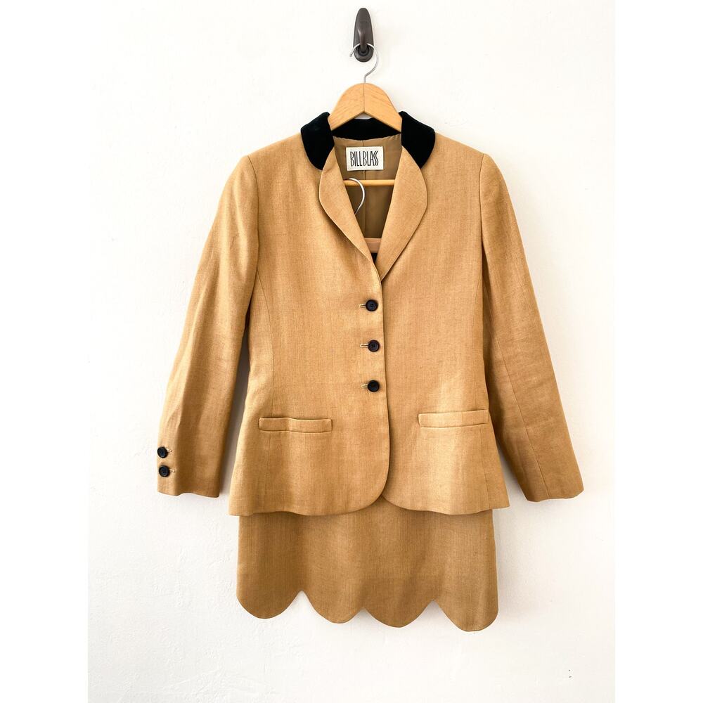 Vintage 70's Bill Blass‎ 3 Pc Suit Set Blazer & 2 Skirts Linen Pencil Brown Sz 8